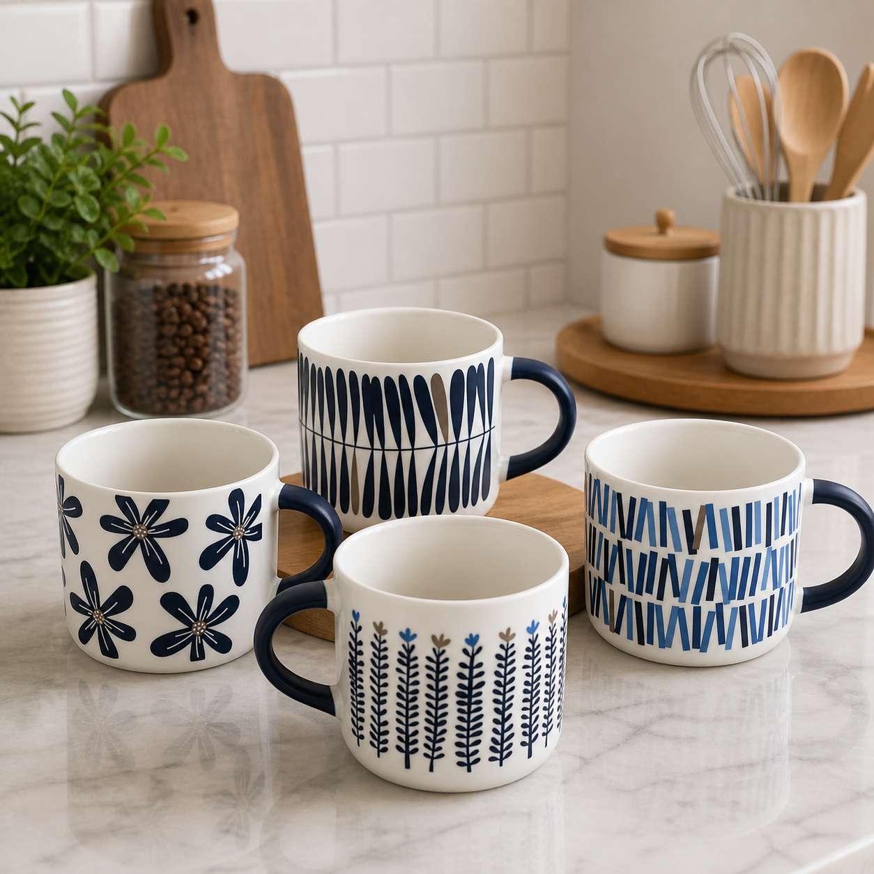4 Piece Navy Patterned Ceramic Mug Set