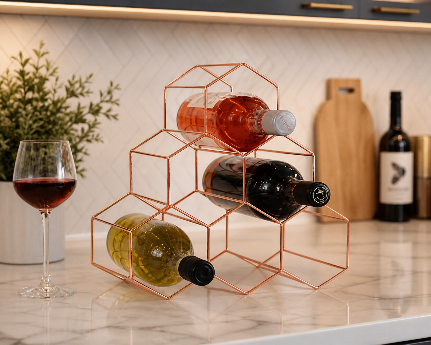 Rose Gold Hexagonal 6-Bottle Wine Rack