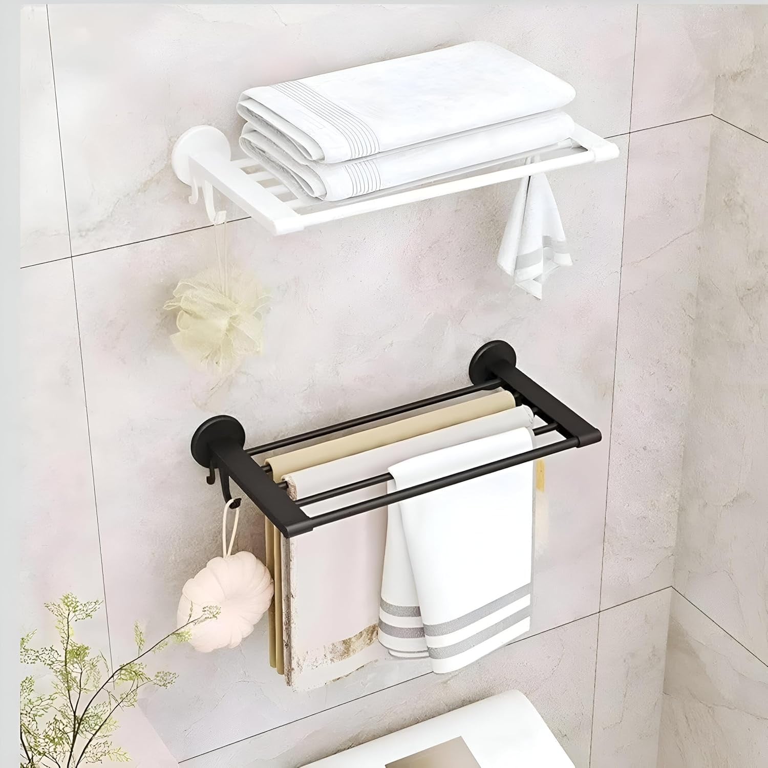Wall Mounted Bathroom Towel Rack with Shelf & Hooks