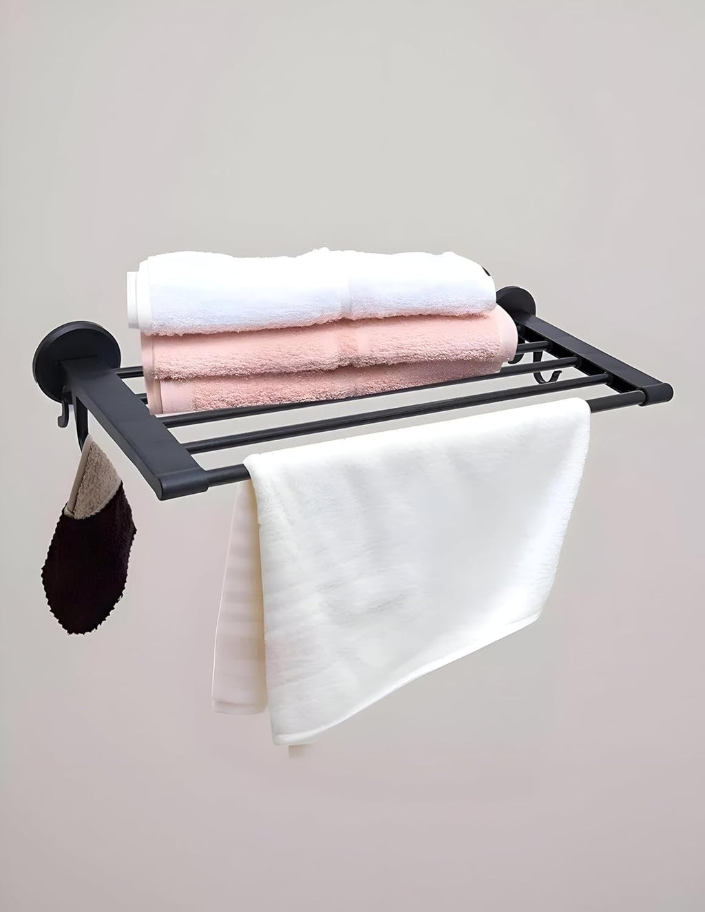 Wall Mounted Bathroom Towel Rack with Shelf & Hooks