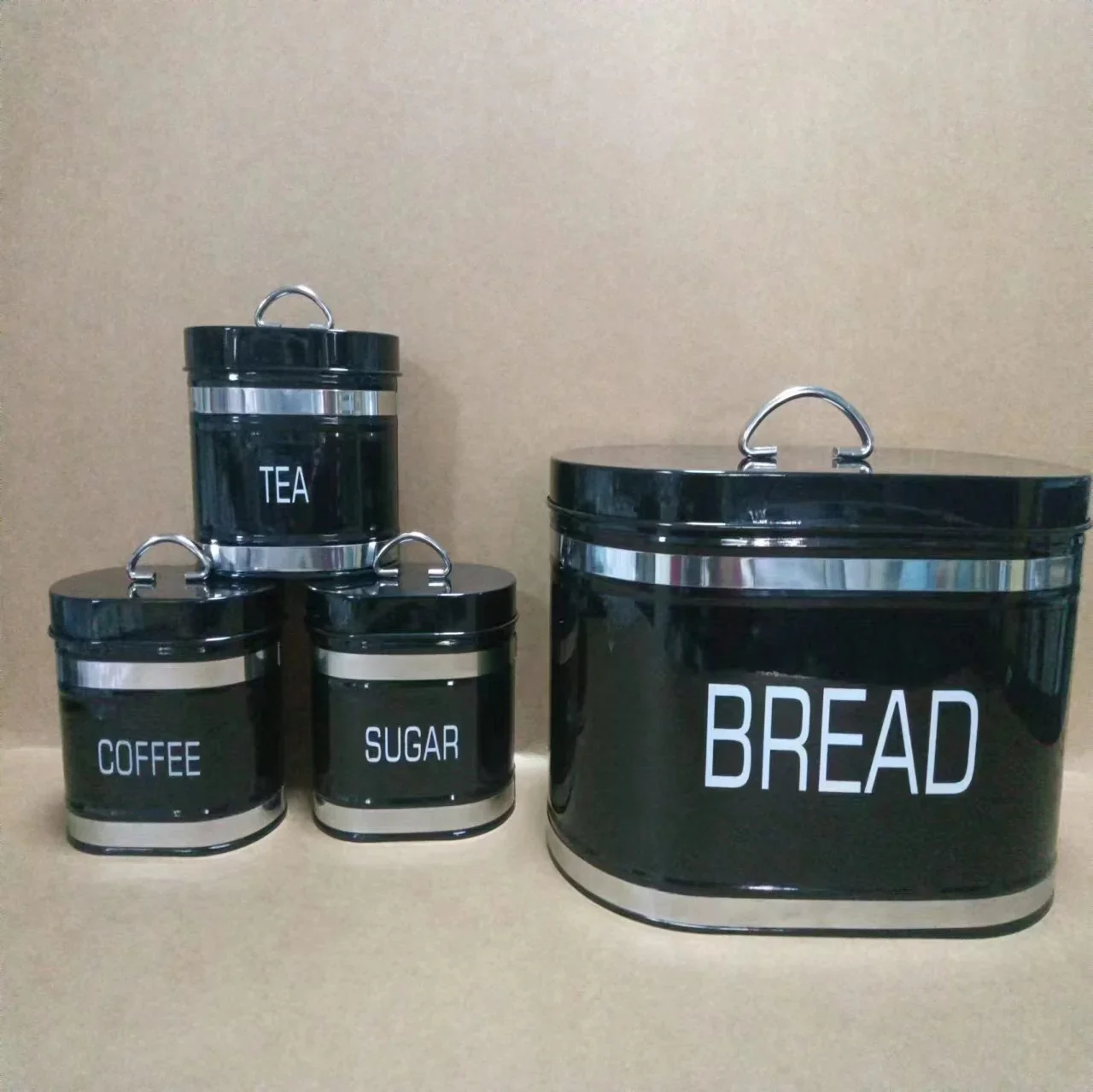 4-Piece Metal Bread Box & Kitchen Canister Set - black colourway