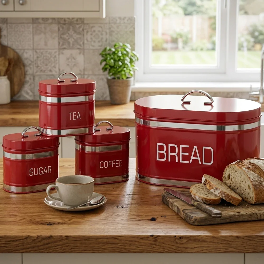 4-Piece Metal Bread Box & Kitchen Canister Set