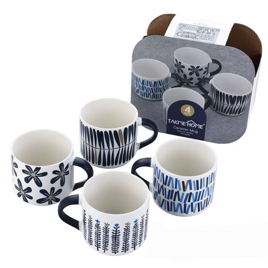 4 Piece Navy Patterned Ceramic Mug Set