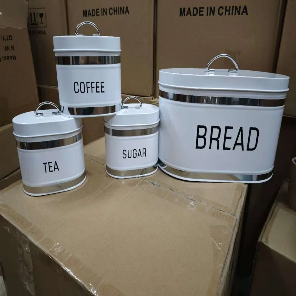 4-Piece Metal Bread Box & Kitchen Canister Set - white colourway